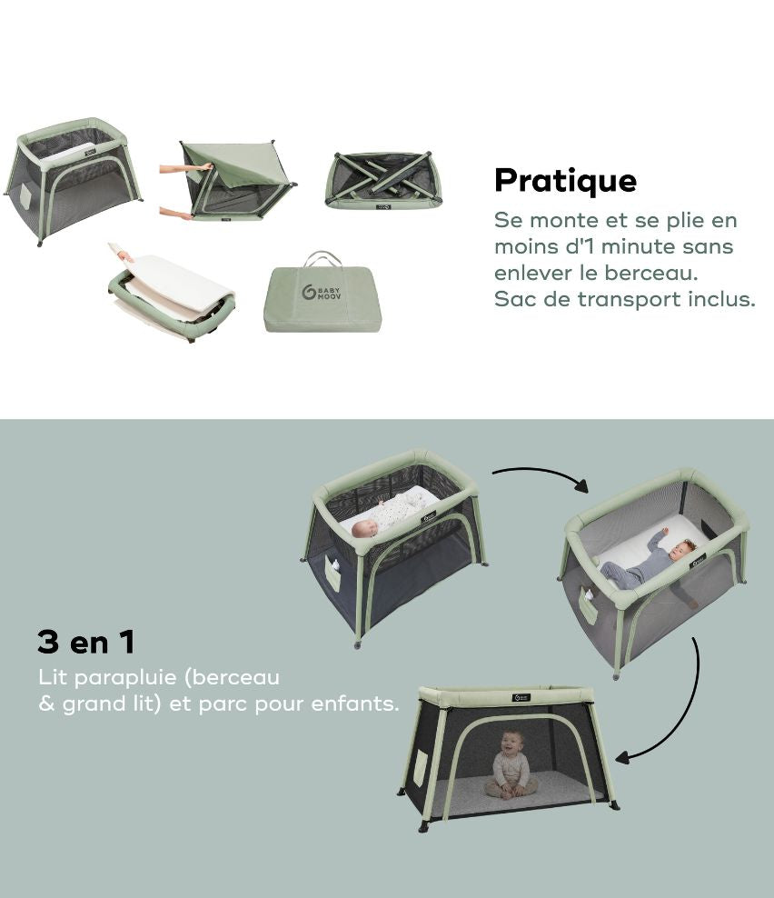 Lit parapluie bébé avec berceau intégré, 0 à 4 ans – Moov & Comfy